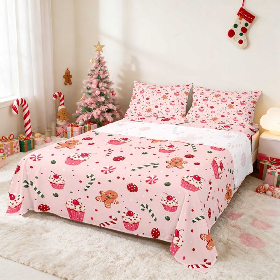 Manfei Cupcake Queen Sheets Christmas Queen Sheet Sets, Teal Pink 4 Pieces (1 Flat Sheet, 1 Fitted Sheet and 2 Pillowcases)