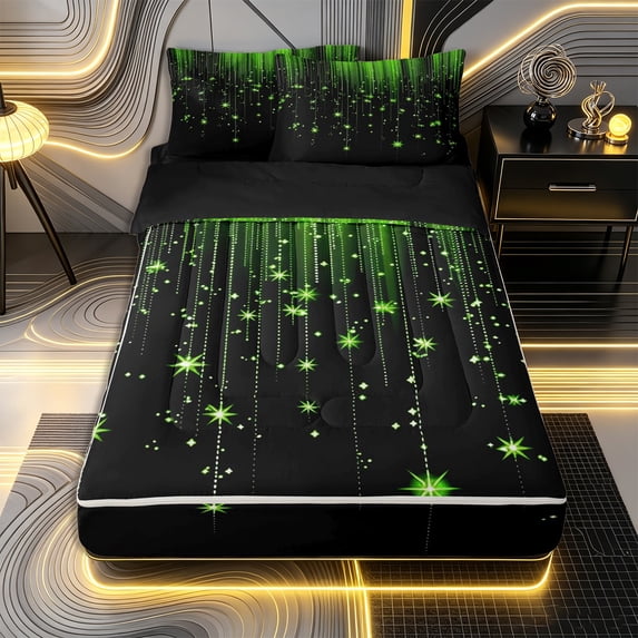 Erosebridal Curtain Bead Pattern Zipper Twin Comforter Sets with Fitted Sheet and 2 Pillowcases,Glowing Star Print Zipper Bedding Set,Bright Green Black,Black Reversible