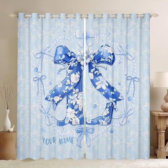 Erosebridal Custom Name 3D Initial R Curtains 42"x63" with Blue Bow Coquette Blue Bow 30%-50% Blackout Curtains for Mom Aesthetic Bowknot Cute Preppy Decor Flower Floral Monogram Window Treatments(R)