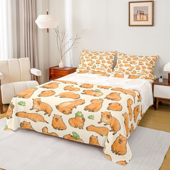 Erosebridal Cute Animal Capybara Bed Sheets For Capybara Lover,Green Kawaii Frogs King Sheets For Girls Kids 4-Piece