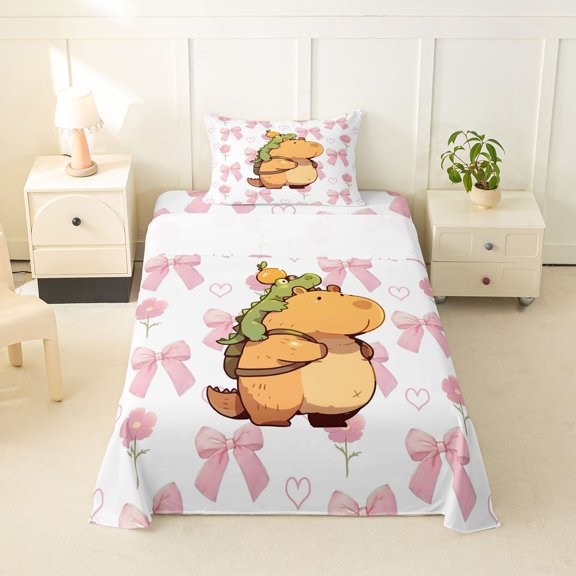 Erosebridal Cute Animal Capybara Twin Sheet Sets For Capybara Lover,Cartoon Bowtie Green Crocodile Bedding For Girls Kids 3 Pieces