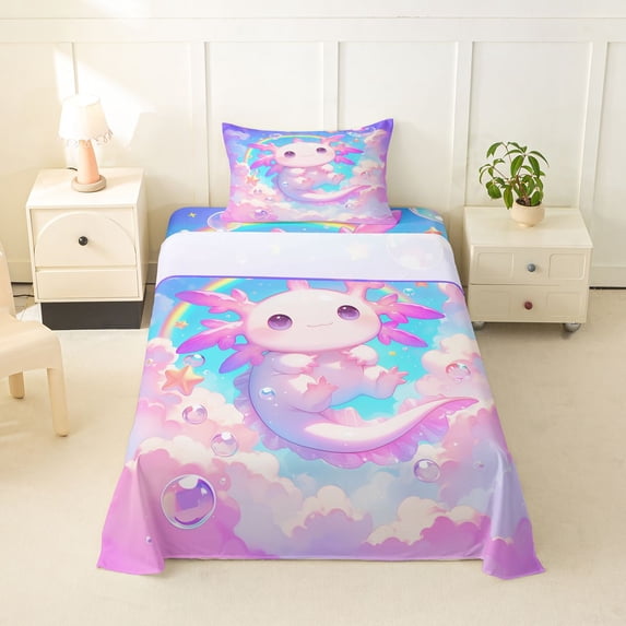 Erosebridal Cute Animals Axolotl Twin Sheet Sets,Kawaii Rainbow Stars Bedding For Girls Kids 3 Pieces