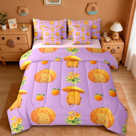 Erosebridal Cute Animals Capybara 7-Piece Bedding Comforter Set For Capybara Lovers,Orange Flowers Blossom King Bedding Sets For Kids ,Reversible Pink