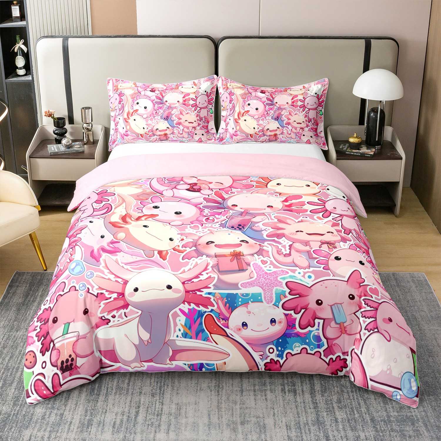 Nette Axolotl Bettwäsche-Set 135x200 Cm – 100% Baumwolle, Kawaii Cartoon Design Mit Kissenbezug
