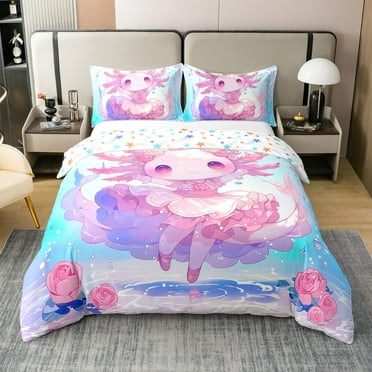 Erosebridal Cute Axolotl 100% Cotton Duvet Cover Twin Size , Stars Reversible, 2-Piece (No Comforter)