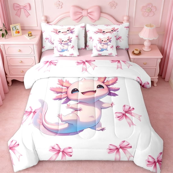 Erosebridal Cute Axolotl 7-Piece Twin Bedding Sets For Kids,Pink Girly Bow Bedding Comforter Set For Girls,Pink Reversible