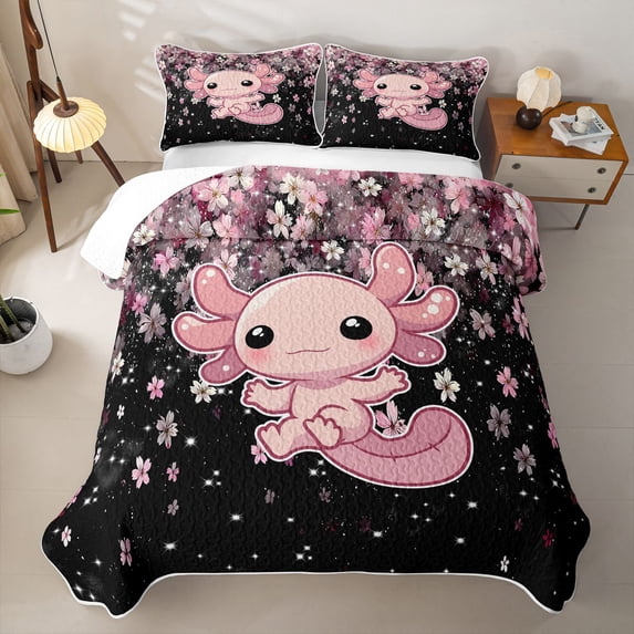 Erosebridal Cute Axolotl Animals Bed Spread Queen,Cherry Flowers Blossom Glitter Print Queen Coverlet Set For Girls,3pcs