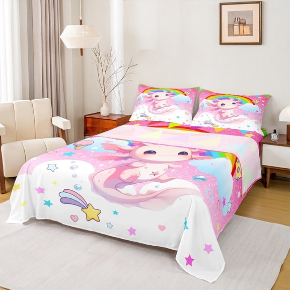 Erosebridal Cute Axolotl Bed Sheets Set Twin Size,Cartoon Rainbow Bedding Sets Twin Size,Galaxy Starry Clouds Bed Sheets Twin For Girls,Ultra Soft Bedroom Decorative,3-Piece