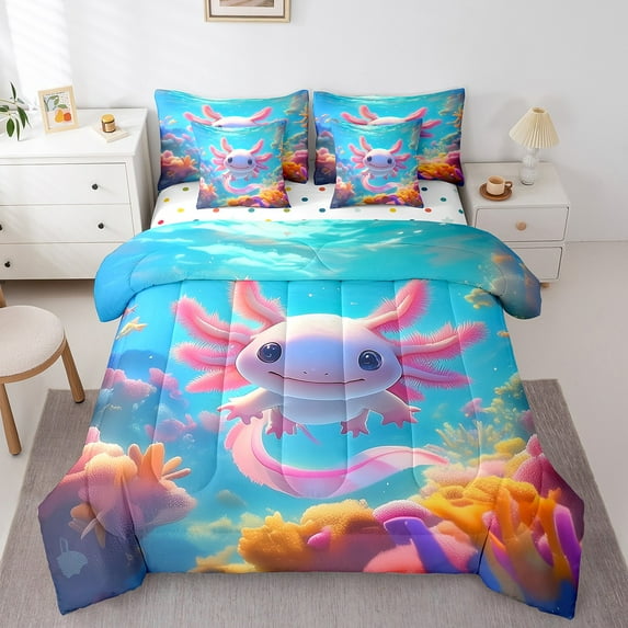 Erosebridal Cute Axolotl Bed in a Bag Full Size, Marine Animal Wildlife Bed Set, Coral Bedroom Decorative, Reversible 7-Piece