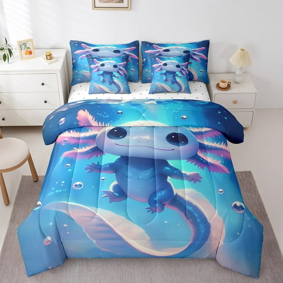 Erosebridal Cute Axolotl Bedding, Blue Bed in a Bag, Kawaii Sealife Reversible Bed Set, Lightweight Bedroom Decorative, 7-Piece
