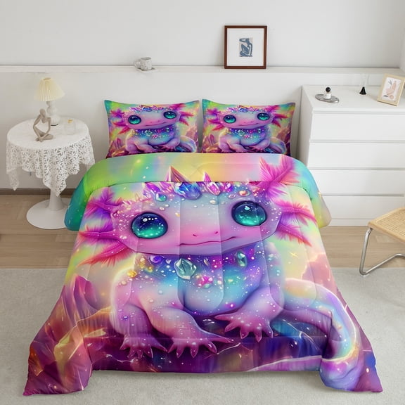 Erosebridal Cute Axolotl Bedding King Comforter Set, Bling Diamond Down Comforter, Magic Sealife Reversible Comforters & Duvets, Breathable Bedroom Decor, 3 Pieces