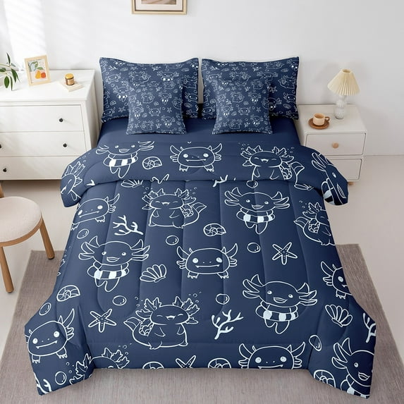 Erosebridal Cute Axolotl Bedding Queen Size,Cartoon Animal Comforter Sets with Sheets,Deep Blue Bedding Sets Queen Size For Teens,Super Cozy Room Decoration Reversible,7-Piece