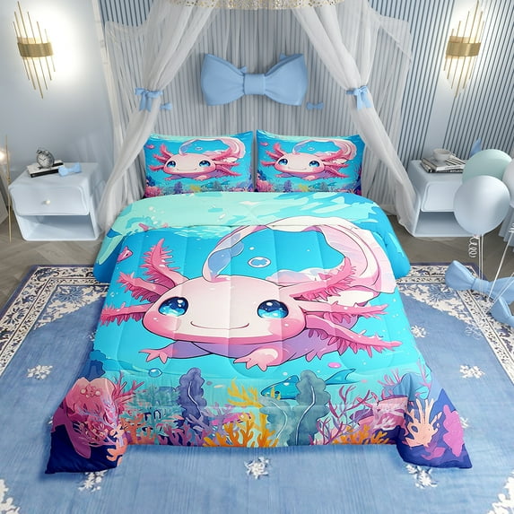 Erosebridal Cute Axolotl Bedding Set,Pink Axolotl Printed Comforter Sets Aesthetic Bedding,Beach Coastal Animal Themed Comforter Sets with 1 Pillowcases.