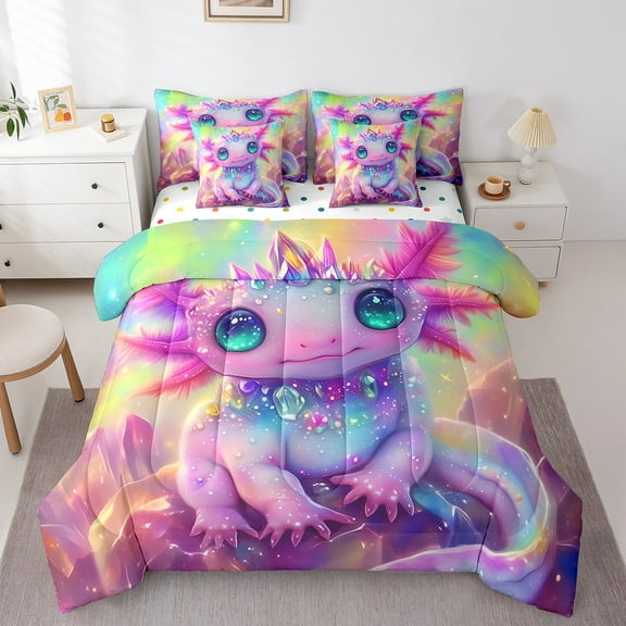 Erosebridal Cute Axolotl Bedding Sets, Bling Diamond Comforter Sets with Sheets, Magic Sealife Reversible Bed Sheets Set, Breathable Bedroom Decor, 7 Pieces