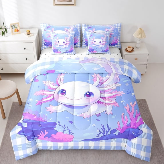 Erosebridal Cute Axolotl Bedding Sets King Size, Plaid Comforter Sets with Sheets, Kawaii Sealife Reversible Bed Sheets Set, Lightweight Bedroom Decor, 7-Piece