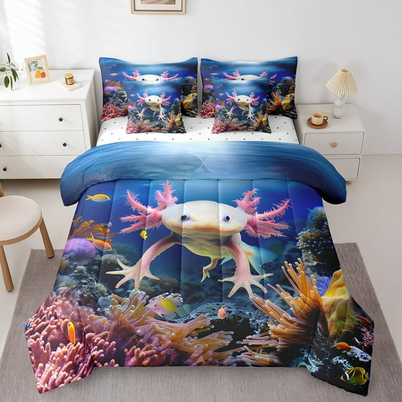 Erosebridal Cute Axolotl Bedding Sets Queen Size,Cartoon Animal Comforter Sets with Sheets,Underwater World Sea Bed in a Bag Queen Size,Super Cozy Room Decoration,7 Pieces