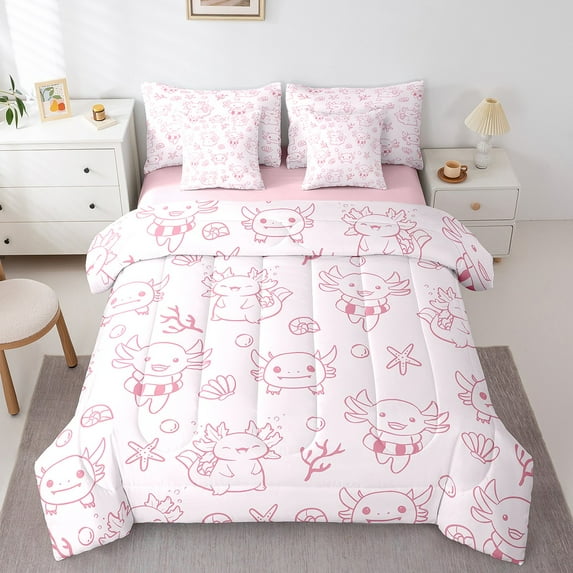 Erosebridal Cute Axolotl Bedding Sets Twin Size,Cartoon Animal Comforter Sets with Sheets,Princess Pink Bed in a Bag Twin Size For Teens,Super Cozy Room Decoration Reversible,7-Piece