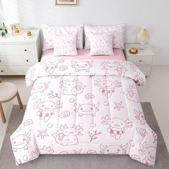 Erosebridal Cute Axolotl Bedding Sets Twin Size,Cartoon Animal Comforter Sets with Sheets,Princess Pink Bed in a Bag Twin Size For Teens,Super Cozy Room Decoration Reversible,7-Piece