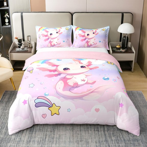 Erosebridal Cute Axolotl Comforter Cover Twin,Multicolor Rainbow Bedding Twin Size,Galaxy Starry Clouds Duvet Cover Twin For Girls,Ultra Soft Bedroom Decorative Reversible,2pcs(No Comforter)