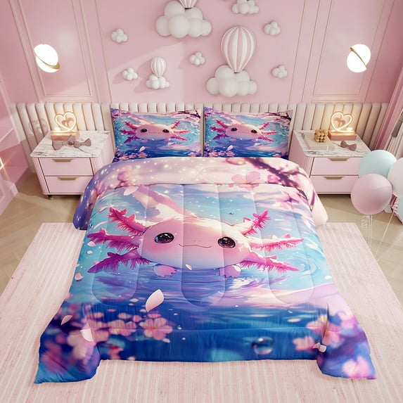 Erosebridal Cute Axolotl Comforter Set Cartoon Salamander Bedding Set King Size Pink Ocean Sealife Comforter Cherry Blossom Inner Fill Duvet Set 1 Comforter Set with 2 Pillowcase