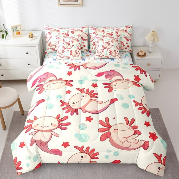 Erosebridal Cute Axolotl Comforter Set Full 7 Pcs Cartoon Salamander Ocean Sealife Bedding Set Kawaii Reptile Animal Sea Underwater World Bed in a Bag with Comforter,Sheets