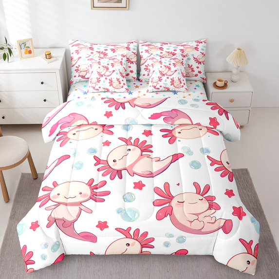 Erosebridal Cute Axolotl Comforter Set King 7 Pcs Cartoon Salamander Kawaii Ocean Sealife Bedding Set Reptile Animal Sea Underwater World Bed in a Bag with Comforter,Sheets
