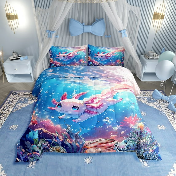 Erosebridal Cute Axolotl Comforter Set Pink and Blue Axolotl Pattern Kawaii Animal Bed Set Bedroom Decor,King Size Bed Set with 2 Pillowcases