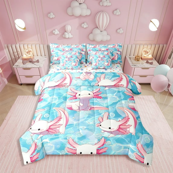 Erosebridal Cute Axolotl Comforter Set Queen 7 Pcs Ocean Sealife Cartoon Salamander Bedding Set Kawaii Reptile Animal Sea Underwater World Bed in a Bag with Comforter,Sheets