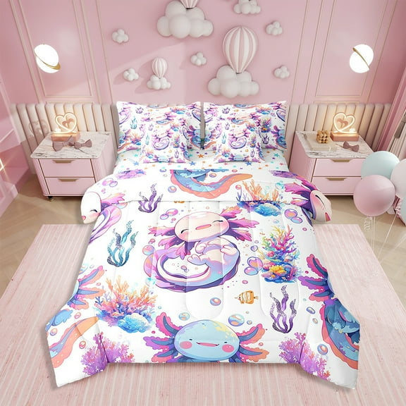 Erosebridal Cute Axolotl Comforter Set Twin 7 Pcs Cartoon Salamander Kawaii Ocean Sealife Bedding Set Sea Ocean Creature Underwater World Bed in a Bag with Comforter,Sheets