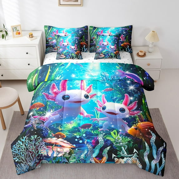 Erosebridal Cute Axolotl Comforter Set Twin 7 Pcs Kawaii Ocean Sealife Fish Anchor Decor Salamander Bedding Set Reptile Animal Bed in a Bag with Comforter,Sheets