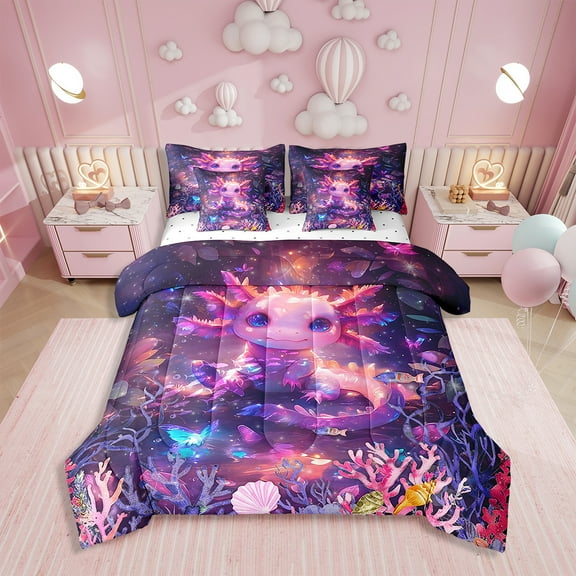 Erosebridal Cute Axolotl Comforter Set Twin 7 Pcs Ocean Sealife Sea Underwater World Bedding Set Cartoon Salamander Kawaii Reptile Animal Bed in a Bag with Comforter,Sheets