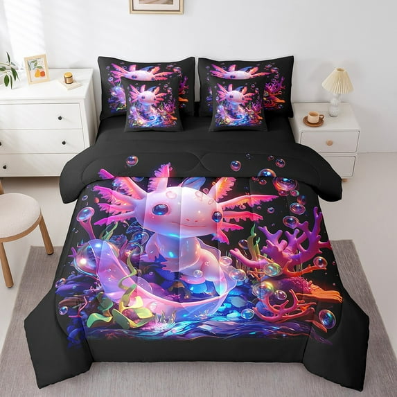 Erosebridal Cute Axolotl Comforter Set Twin 7 Pieces Cartoon Salamander Kawaii Ocean Sealife Bedding Set Sea Ocean Creature Bed in a Bag with Comforter,Sheets