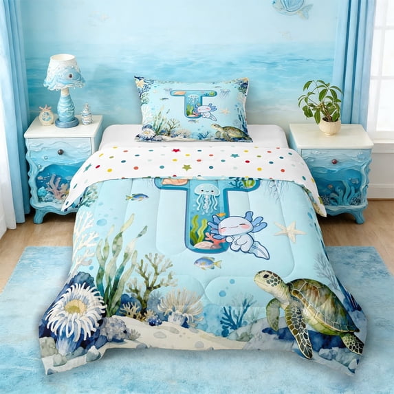 Erosebridal Cute Axolotl Kids Twin Comforter Sets,Ocean Theme T Alphabet Bedding Set For Boys,Reversible 2-Piece