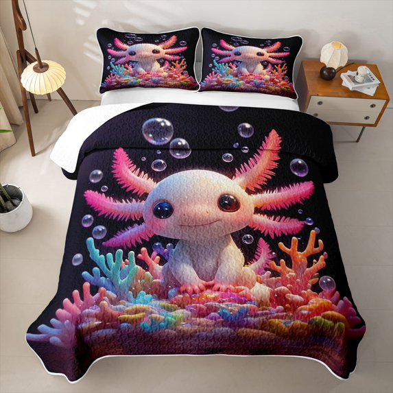 Erosebridal Cute Axolotl Quilt King for Girls, Marine Coral Reef Print King Coverlet Set, 3 Pieces