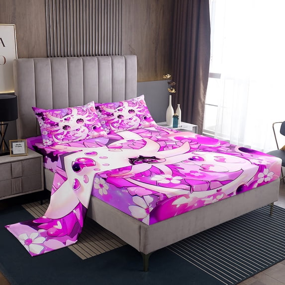 Erosebridal Cute Axolotl Sheet Set Full, Dreamy Flower Floral Bedding Sets Full Size, Cartoon Theme Decor