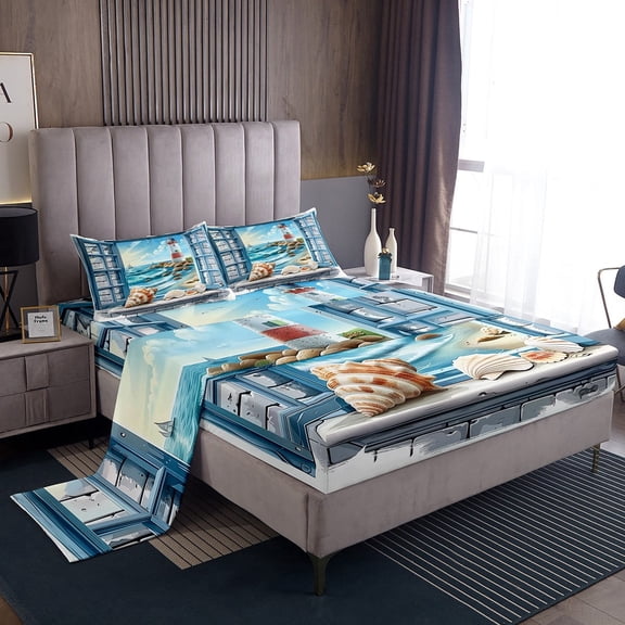 Erosebridal Lighthouse Seashell Sheet Set Twin,Ocean Beach Bedding Sets Twin Size,Marine Room Decorative,Breathable,3pcs