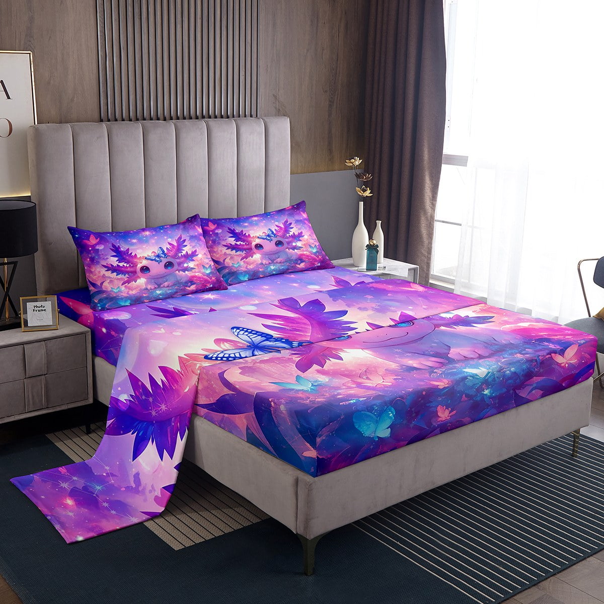 Galaxy Wolf Sheets King Size - Pink Teal Moon Starry Sky Bedding Set, Boho Trippy Room Decor, Microfiber