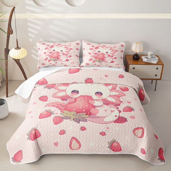 Erosebridal Cute Axolotl Twin Quilt Set, Kawaii Strawberry Twin Coverlet Set, 2 Pieces 1 Quilt and 1 Pillowcase