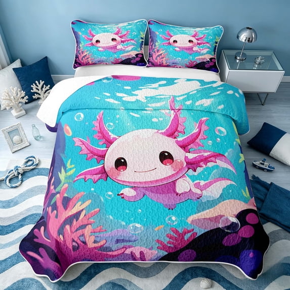 Erosebridal Cute Axolotl Twin Quilt Set, Sea Wildlife Twin Coverlet Set, Pink Reversible 2 Pieces, 1 Bedspread and 1 Pillowcase