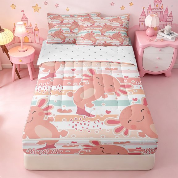 Erosebridal Cute Axolotl Zipper Twin Comforter Sets with Fitted Sheet and 2 Pillowcases,Pink Stripe Heart Dot Zipper Bedding Set For Girls,Reversible,4 Pieces