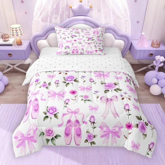 Erosebridal Cute Ballet Girl Twin Comforter Sets, Purple Bow Flower Bedding Set, Reversible 2pcs, 1 Comforter and 1 Pillowcase