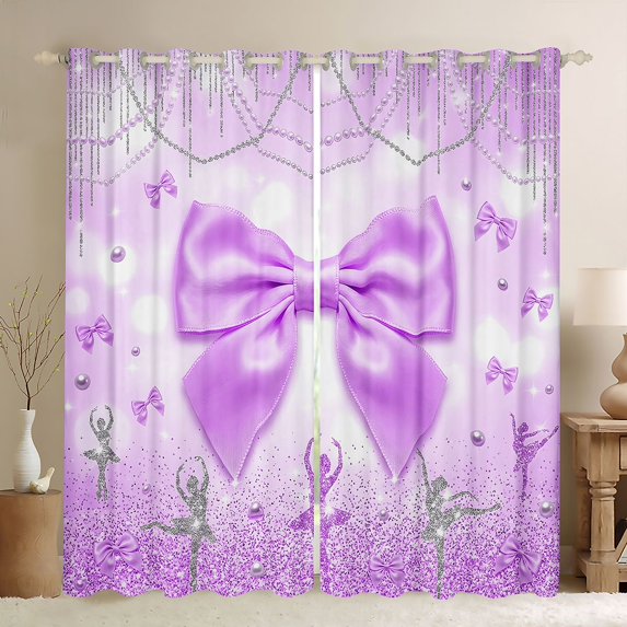 Erosebridal Cute Ballet Girls Blackout Curtains Set of 2 (52x84 Each),3D Purple Bowtie Print Window Curtains For Kids