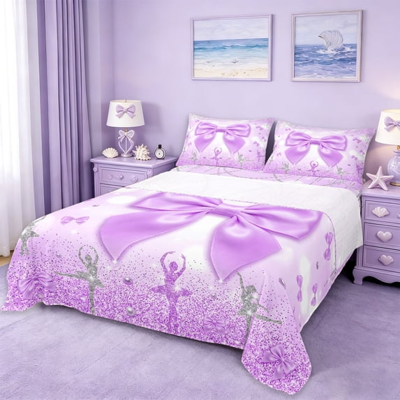 Erosebridal Cute Ballet Girls Full Size Sheets,3D Purple Bowtie Print Bed Sheets For Kids 4-Piece