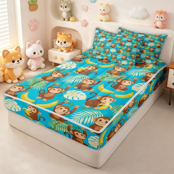 Erosebridal Cute Banana Monkey Zipper Twin Comforter Sets with Fitted Sheet and 2 Pillowcases for Boys Girls, Tropical Palm Leaf Zipper Bedding Set, Polkadot Reversible, 4pcs