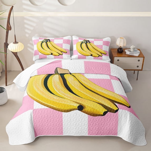 Erosebridal Cute Banana Quilt Full for Girls, Pink White Checkered Full Bedspread Sets, 3-Piece 1 Quilt and 2 Pillowcases