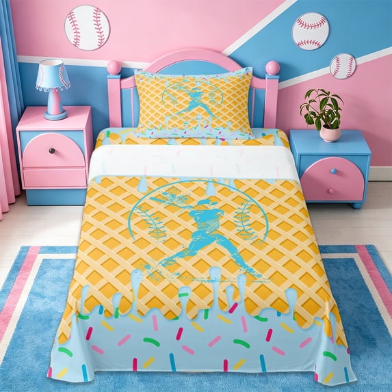 Erosebridal Cute Baseball Ice Cream Twin Sheet Sets For Boys,Sport Ball Game Kids Bedding 3-Piece