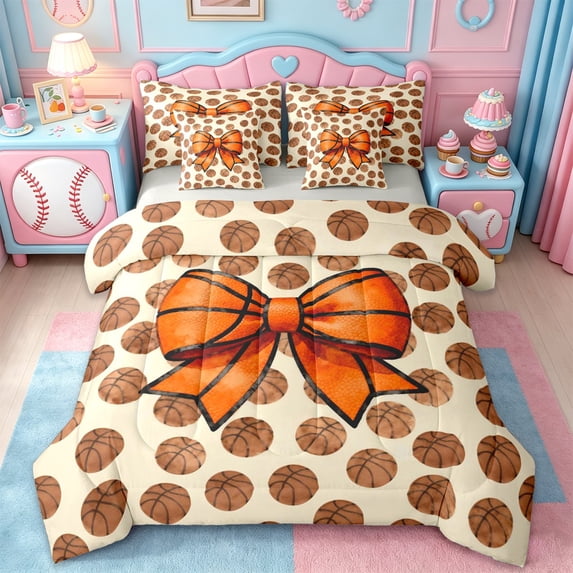 Erosebridal Cute Basketball Print Bowknot 7 Pieces Bedding Comforter Set For Girls,Kids Ball Sport Theme Full Bedding Set,Reversible lightgray