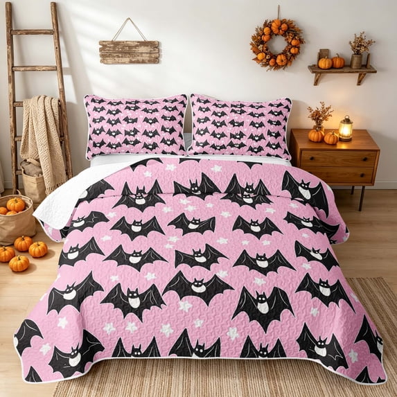 Erosebridal Cute Bat Twin Quilt Set, Kawaii Stars Twin Coverlet Set for Girls, Pink Black White, 2 Pieces 1 Bedspread and 1 Pillowcase