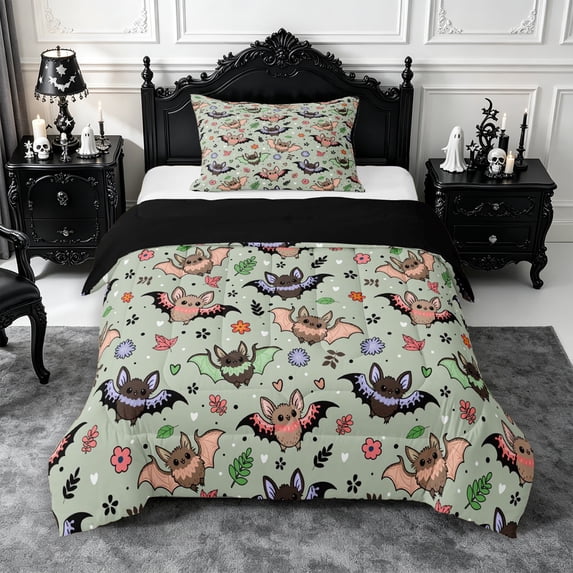 Erosebridal Cute Bats Queen Comforter Set 3 Pieces,Halloween Floral Animal Comforter Sets Queen,Sage Green,Reversible,1 Comforter and 2 Pillowcases