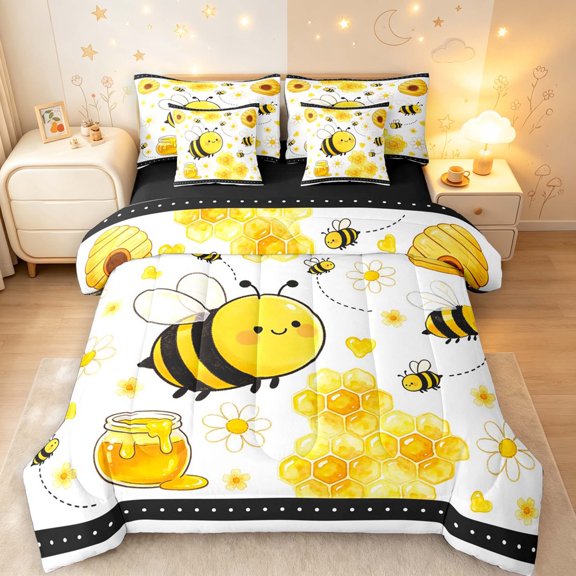Erosebridal Cute Bee 7 Pieces Full Size Bedding Sets,Kawaii Daisy Floral Full Size Bed in a Bag,White Silver,Black Reversible